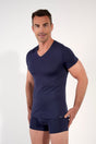 General view of a men model wearing HO navy modal/viscose/tencel Tee-Shirt V Neck