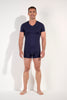 Full-body view of a men model wearing HO navy modal/viscose/tencel Tee-Shirt V Neck
