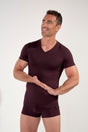 Front view of a men model wearing HO bordeaux modal/viscose/tencel Tee-Shirt V Neck