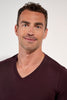 Close-up view of a men model wearing HO bordeaux modal/viscose/tencel Tee-Shirt V Neck