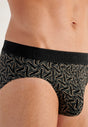 Close-up view of a men model wearing HO black/black print cotton Mini Briefs HO1 2p