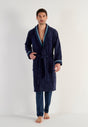 Full-body view of a men model wearing HO navy  Bathrobe